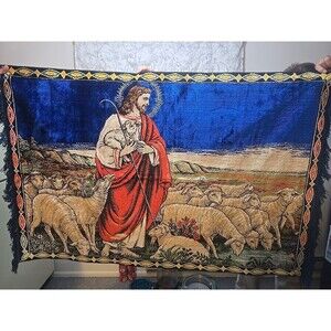 Vtg Jesus The Shepherd Tapestry Wall Hanging Made In Italy RT Co NY Velvet EUC